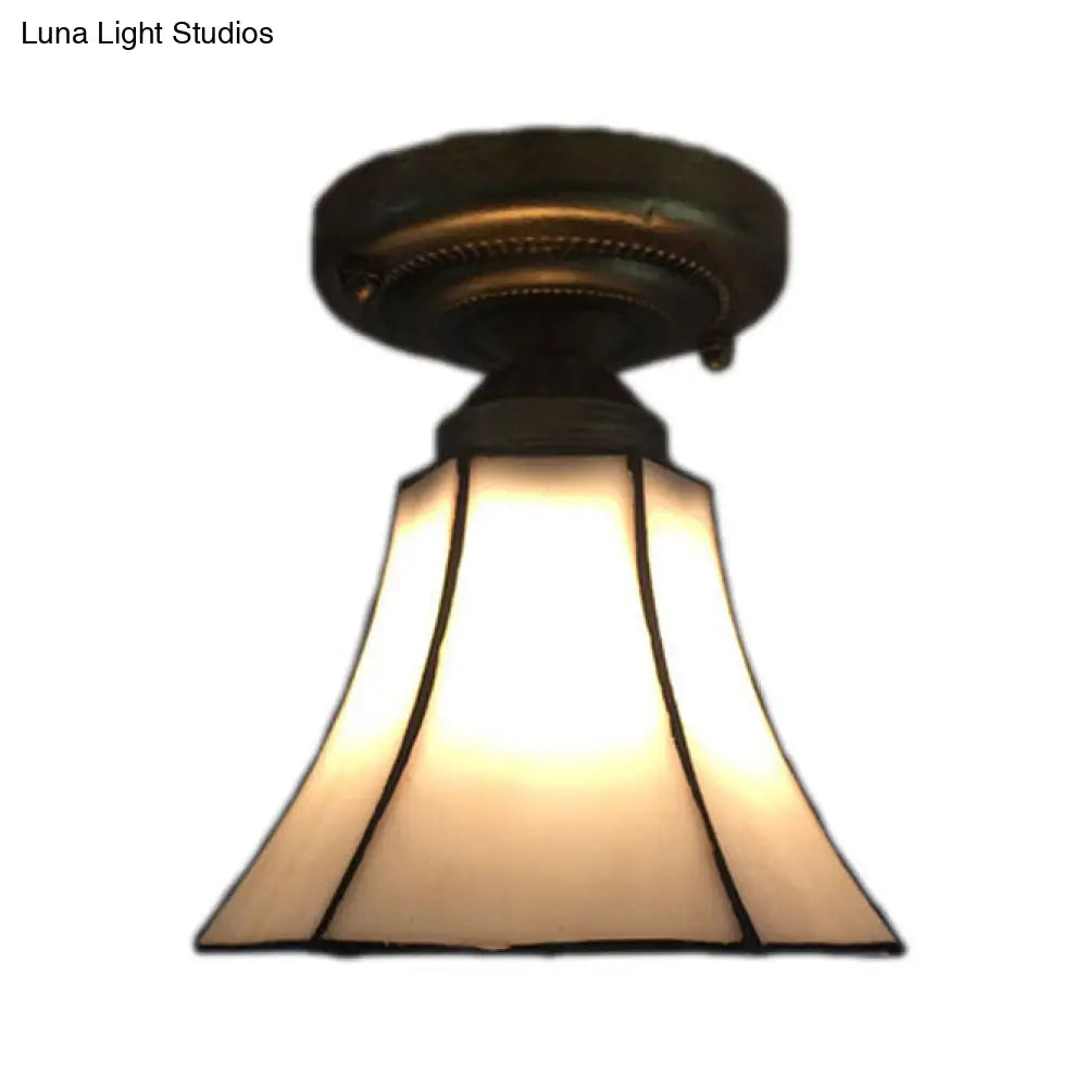 DecorBites™ DecorBites™ White/Beige/Blue-White Stained Glass Conical Flush Light - Tiffany 1-Light Ceiling Fixture for Bedroom Lighting