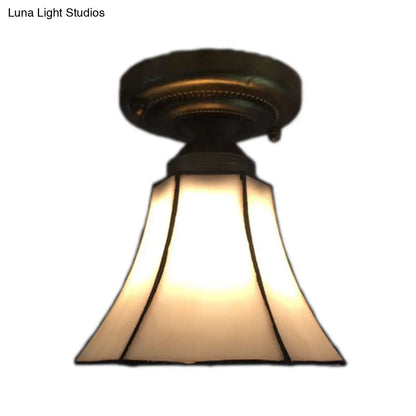 DecorBites™ DecorBites™ White/Beige/Blue-White Stained Glass Conical Flush Light - Tiffany 1-Light Ceiling Fixture for Bedroom Lighting