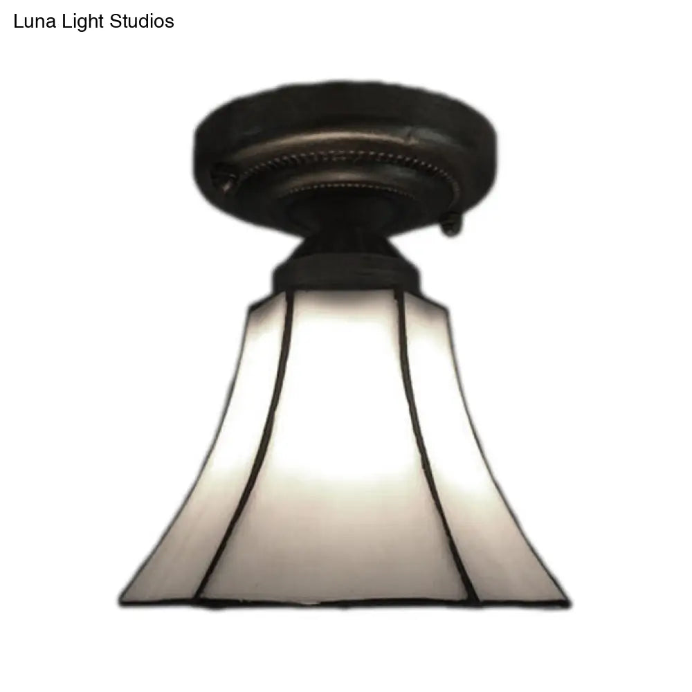 DecorBites™ DecorBites™ White/Beige/Blue-White Stained Glass Conical Flush Light - Tiffany 1-Light Ceiling Fixture for Bedroom Lighting