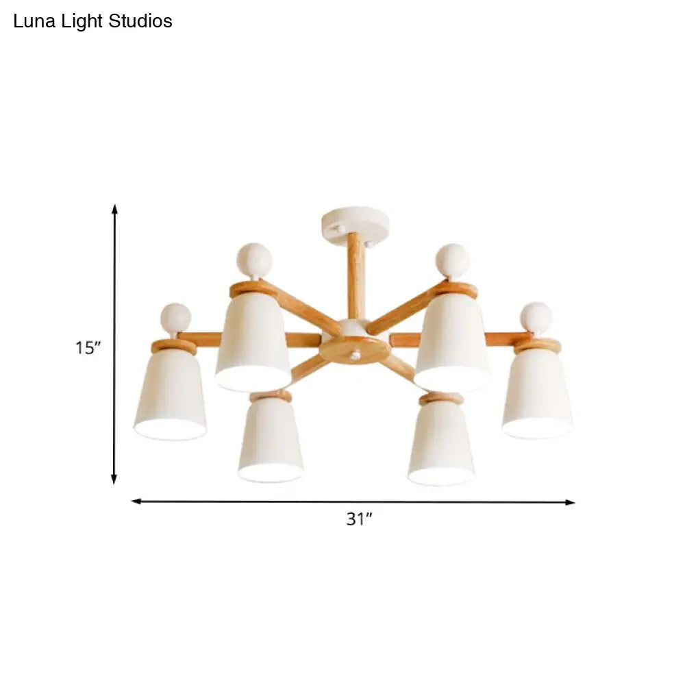DecorBites™ DecorBites™ White Bell Semi Flush Modernist Ceiling Lamp, Wood Arm, 3/6 Lights