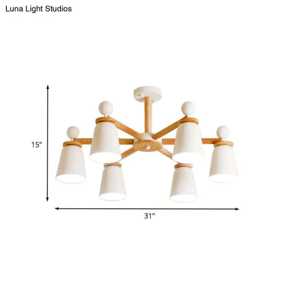 DecorBites™ DecorBites™ White Bell Semi Flush Modernist Ceiling Lamp, Wood Arm, 3/6 Lights