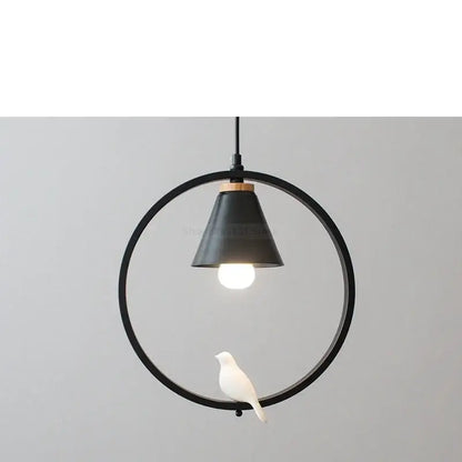 Black circular iron ring pendant light with matte finish and white ceramic bird figurine for bedroom decorbites iron ring decor