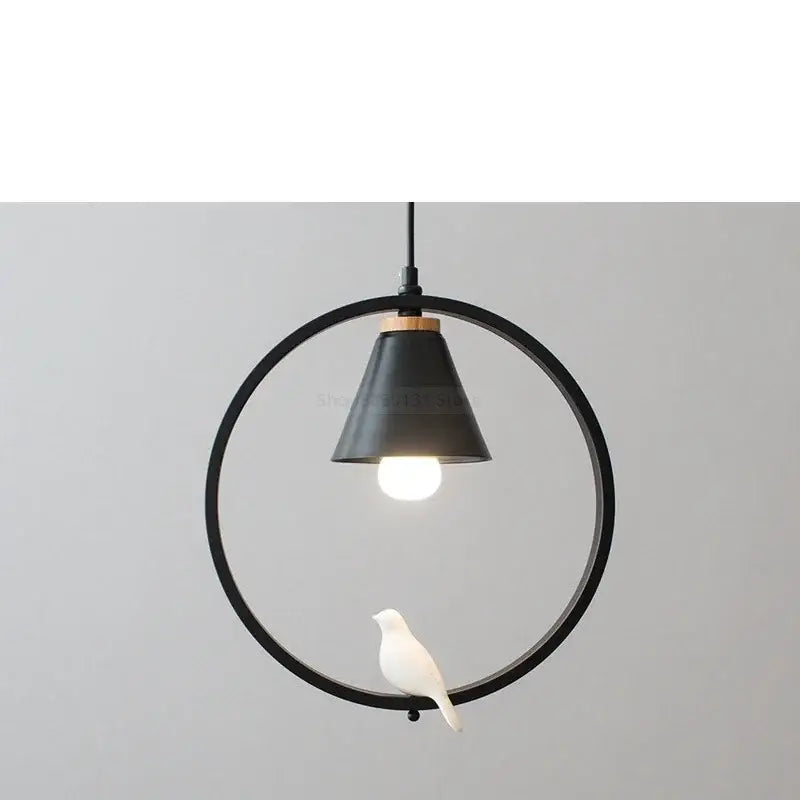 Black circular iron ring pendant light with matte finish and white ceramic bird figurine for bedroom decorbites iron ring decor