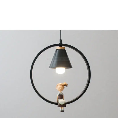 Black circular iron ring pendant light with a white bird ceramic figurine and girl apron decorbites iron ring pendant