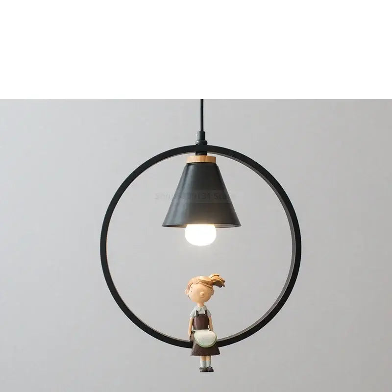 Black circular iron ring pendant light with a white bird ceramic figurine and girl apron decorbites iron ring pendant