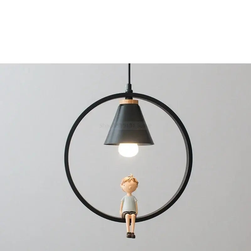 Black matte iron ring pendant light with small boy figurine inside designed for bedroom decorbites iron ring pendant