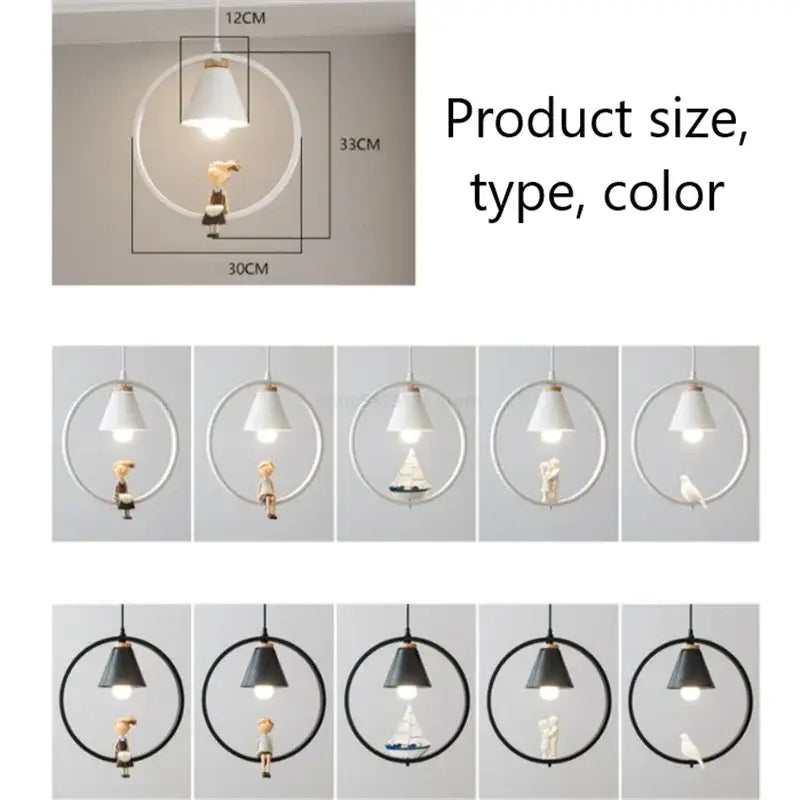 White bird iron ring pendant light with ceramic miniature figurine inside black circular conical shade iron ring pendant