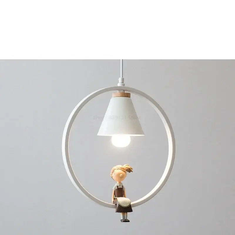 White bird iron ring pendant light with a white circular lampshade and wooden girl figurine decorbites iron ring decor
