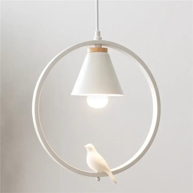 White ceramic iron ring pendant light with a circular frame and small bird figurine for bedroom decorbites decor