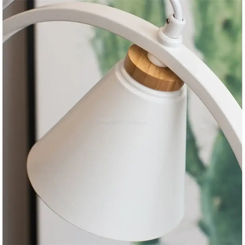 White bird iron ring pendant light with white matte bell-shaped lampshade and natural wood collar for decorbites iron ring pendant lights