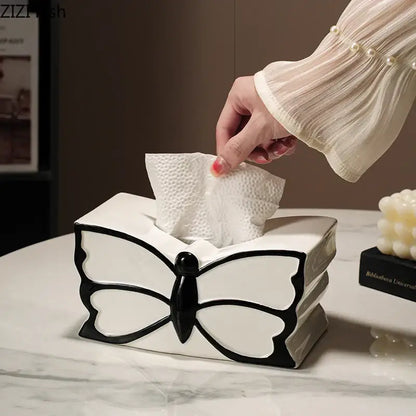 White ceramic tissue box with black butterfly ceramic design for bedroom decorbites butterfly ceramic tissue use