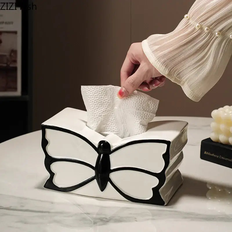White ceramic tissue box with black butterfly ceramic design for bedroom decorbites butterfly ceramic tissue use