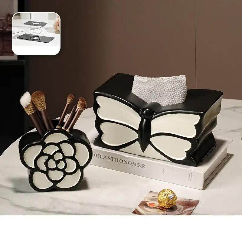 White and black butterfly ceramic tissue box with textured paper inside for bedroom decor by decorbites butterfly ceramic