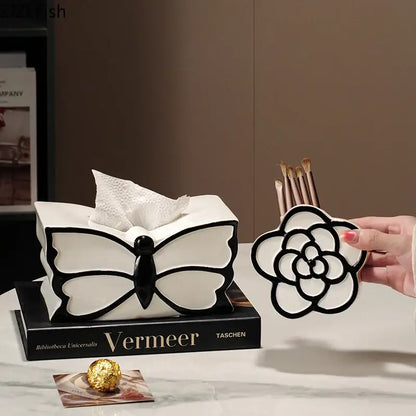 White ceramic tissue box with black butterfly design for decorbites butterfly ceramic bedroom decor use