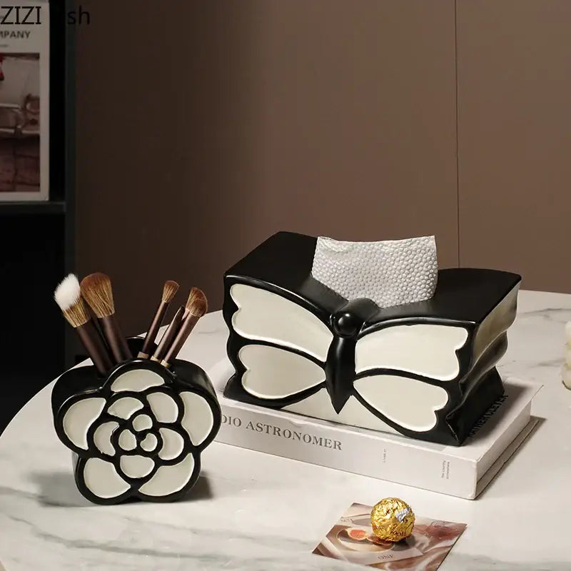 White and black butterfly ceramic tissue box with textured paper insert for bedroom decorbites butterfly ceramic decor