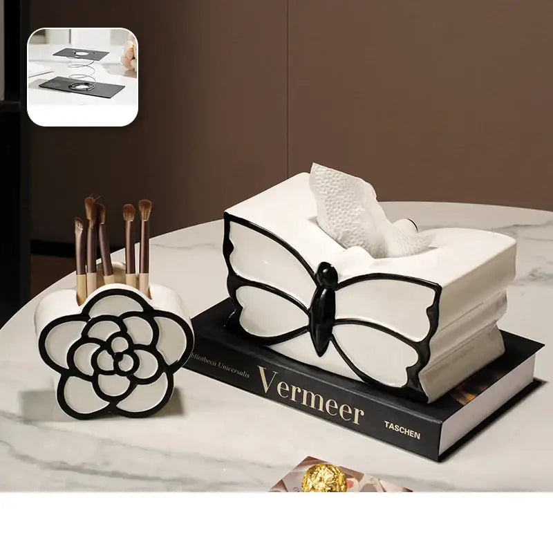 White and black butterfly ceramic tissue box with black outline detailing for bedroom decor by decorbites butterfly ceramic
