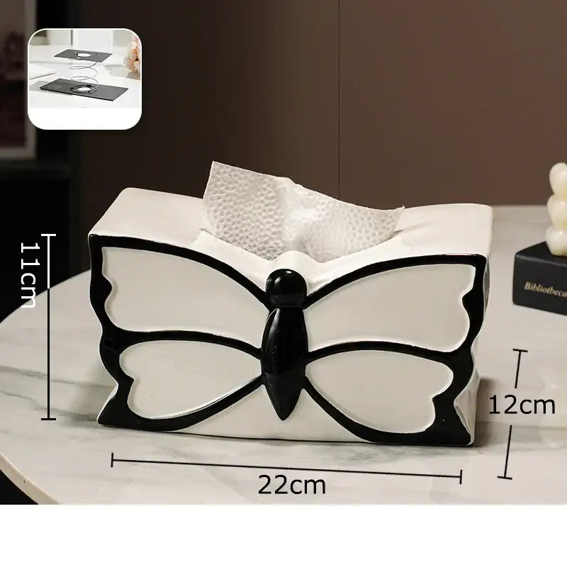 White and black butterfly ceramic tissue box with glossy black body and outlined wings for bedroom decorbites butterfly ceramic use