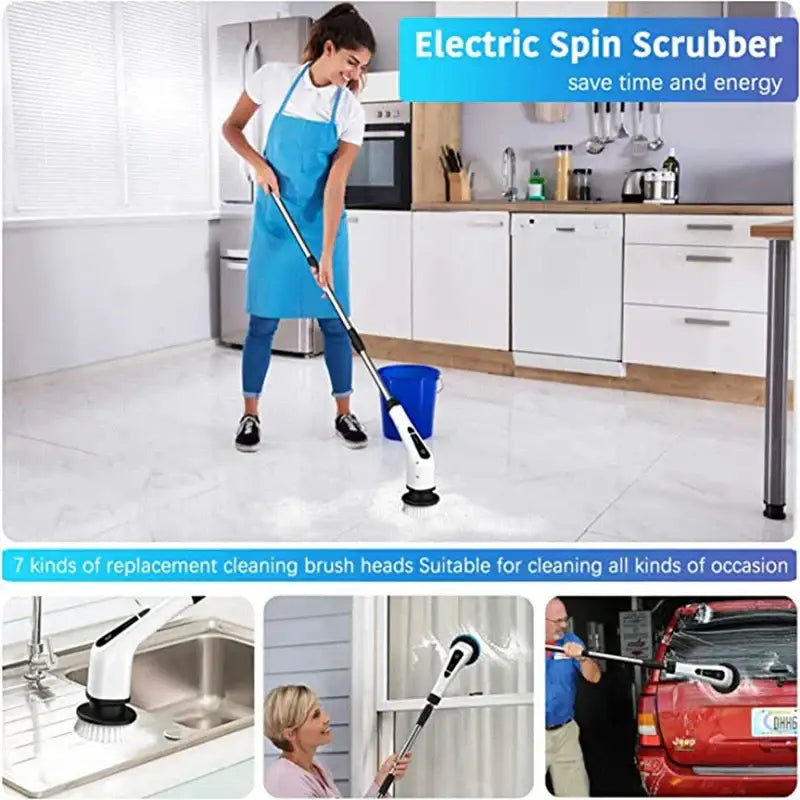 White and black electric spin scrubber with extendable handle and brush head for versatile bathroom cleaning tasks