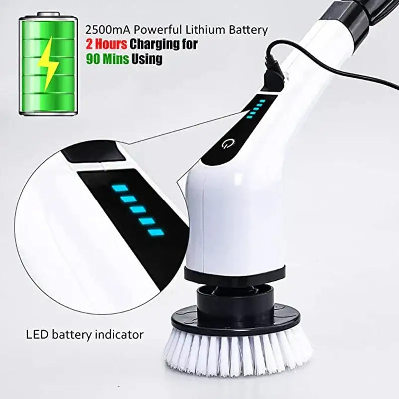 White and black electric spin scrubber with soft bristles and rechargeable lithium battery for bathroom cleaning