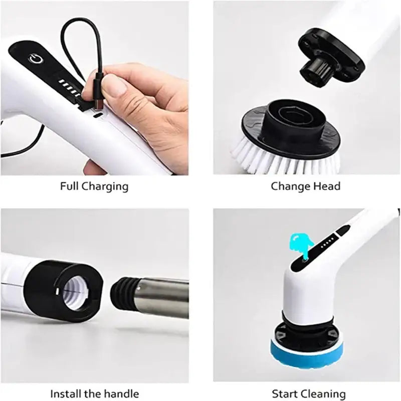 White and black electric spin scrubber with interchangeable cleaning heads for bathroom cleaning tasks