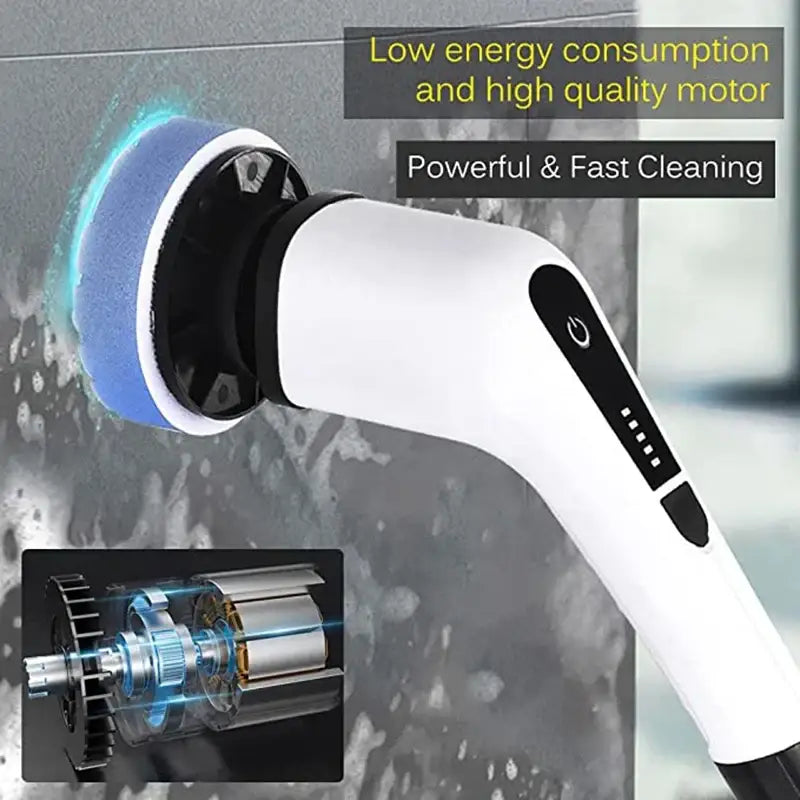 White and black electric spin scrubber with ergonomic handle and blue foam pad for bathroom cleaning tasks