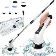 White and black electric spin scrubber with extendable handle and multiple interchangeable attachments for bathroom cleaning