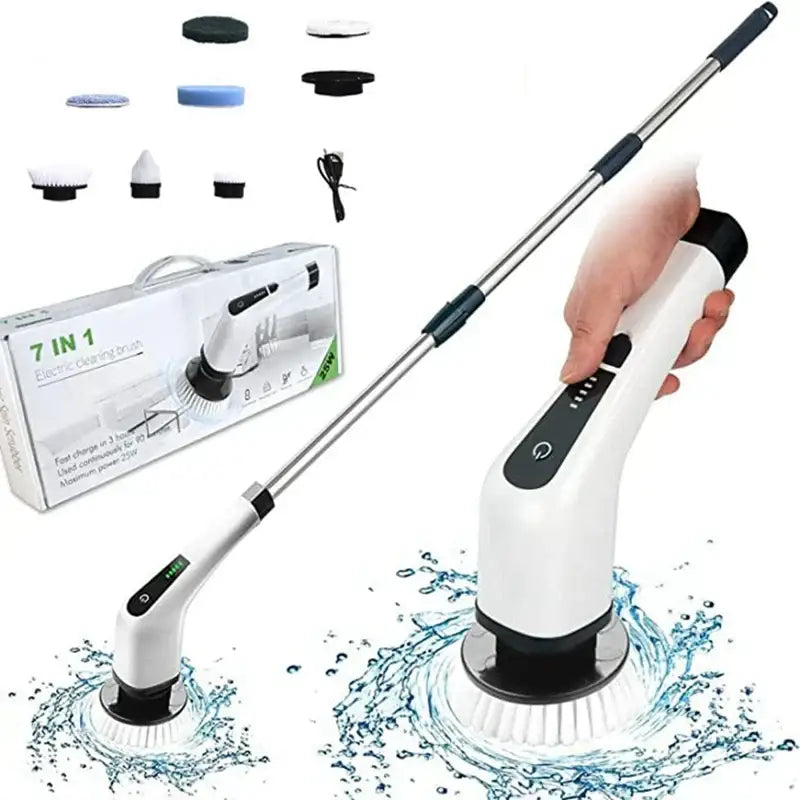 White and black electric spin scrubber with extendable handle and multiple interchangeable attachments for bathroom cleaning