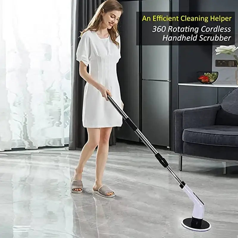 White and black electric spin scrubber with cordless design and 360-degree rotating head for efficient bathroom cleaning