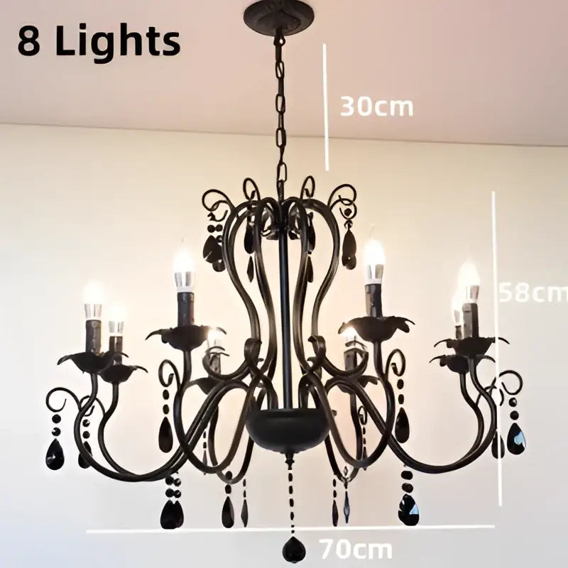Black white metal chandelier with eight candle-style lights and crystal pendants for dining room decorbites black white