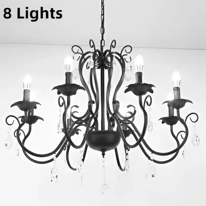 Black white metal chandelier with eight lit bulbs and crystal pendants for dining room decorbites black white