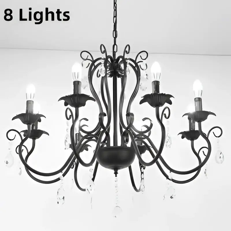 Black white metal chandelier with eight lit bulbs and crystal pendants for dining room decorbites black white