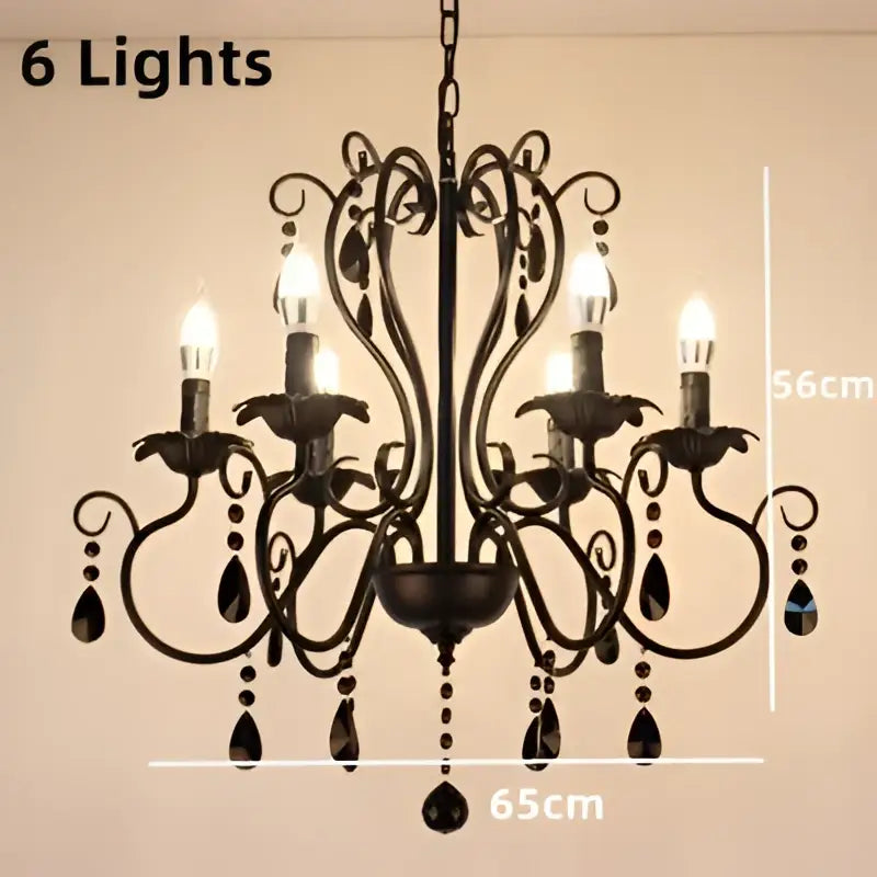 Black white metal chandelier with six candle-style bulbs and crystal pendants for dining room decorbites black white
