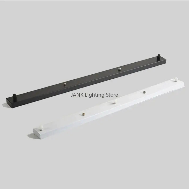 Black and white metal pendant light ceiling mount canopy brackets with hooks and evenly spaced screw fasteners back side