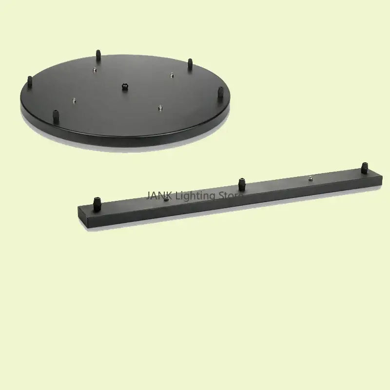 Black circular and rectangular pendant light mounting plates with plastic caps and screws for decorbites ceiling mount canopy