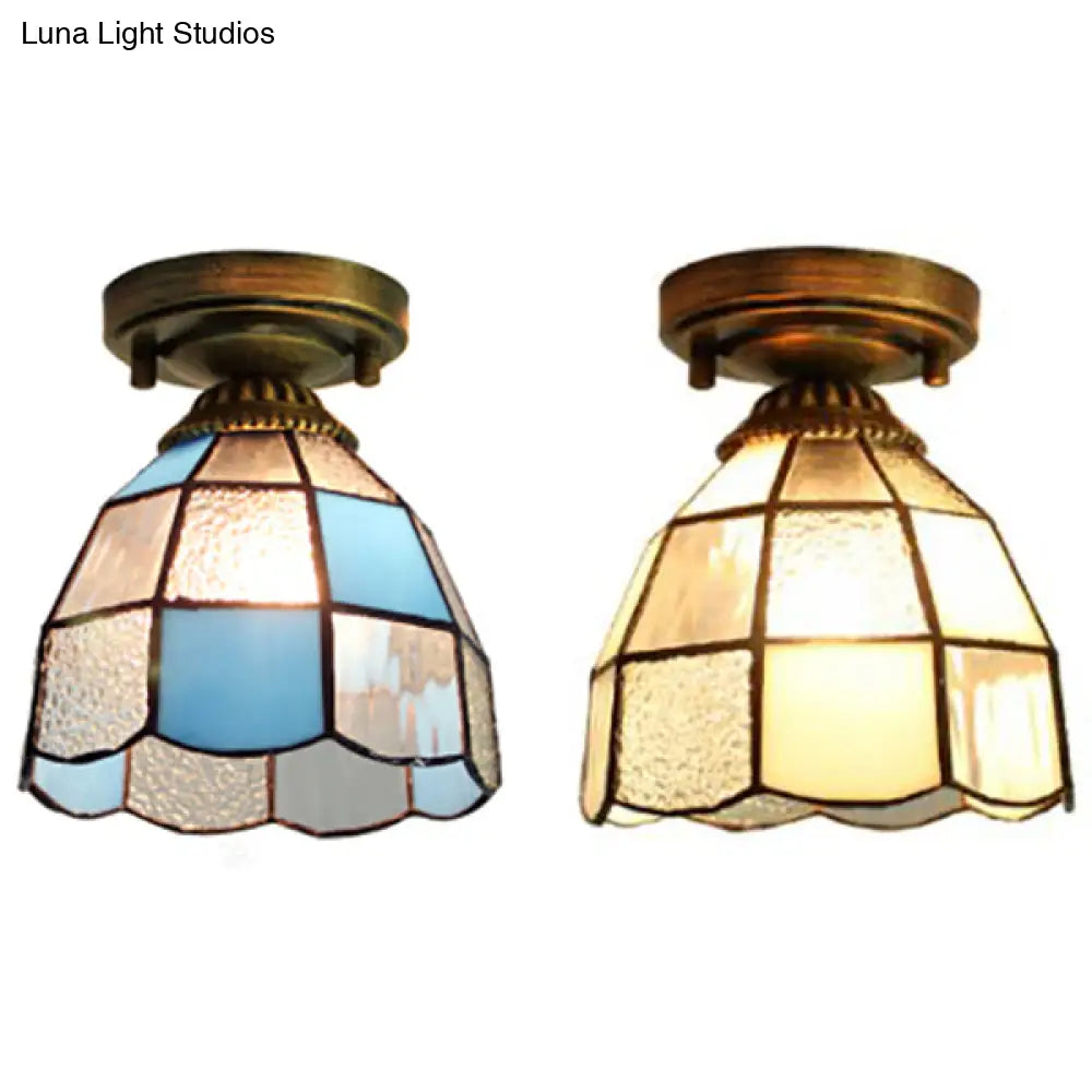 DecorBites™ DecorBites™ White/Blue Tiffany Mini Flush Ceiling Light with Stained Glass Cone Shade - Perfect for Foyers | 1-Light