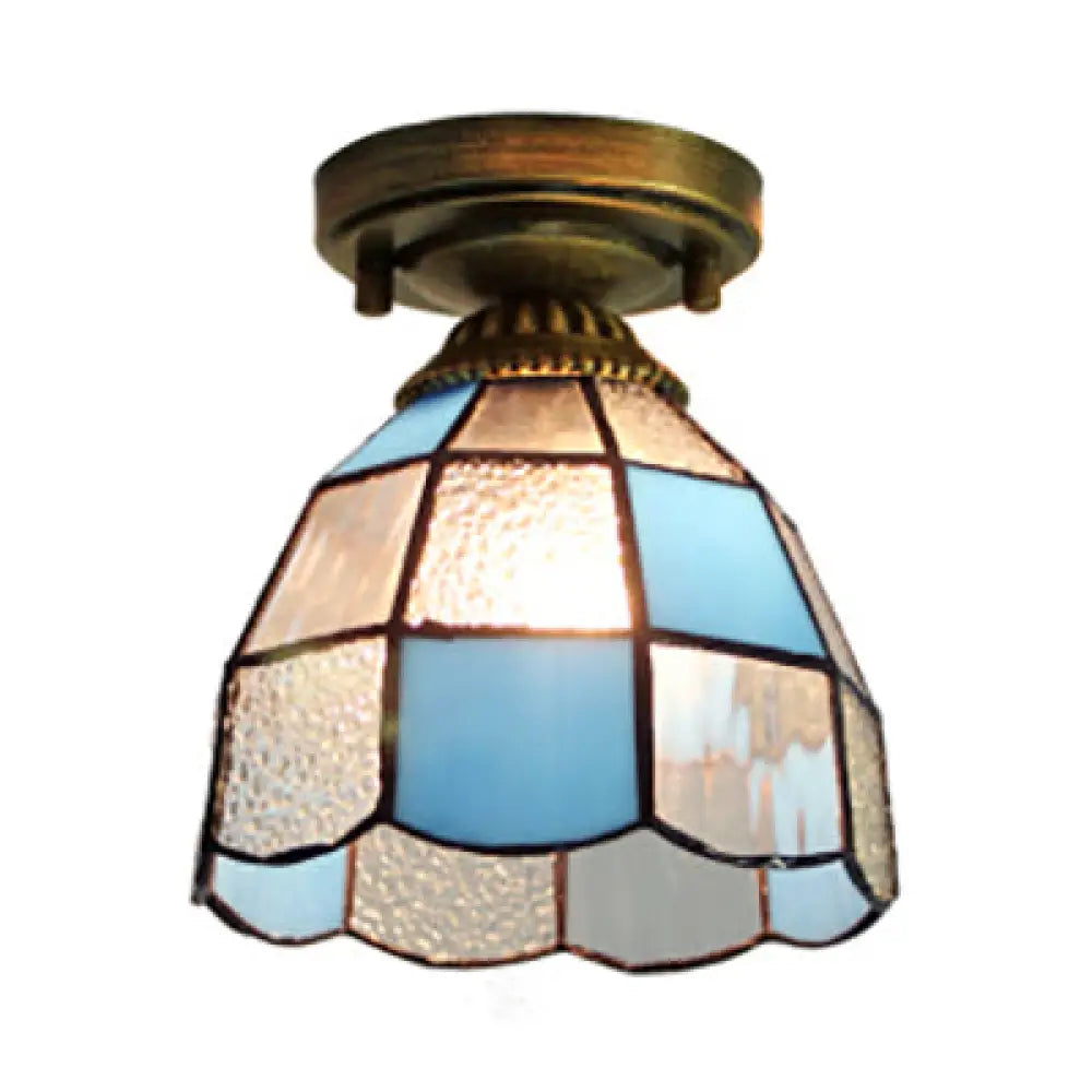 DecorBites™ DecorBites™ White/Blue Tiffany Mini Flush Ceiling Light with Stained Glass Cone Shade - Perfect for Foyers | 1-Light