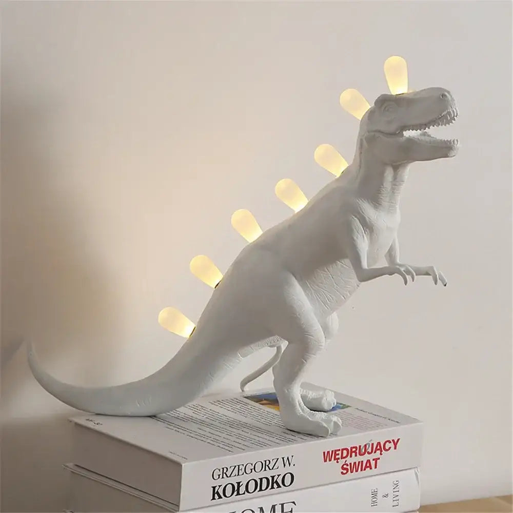White brontosaurus t-rex dinosaur resin led desk lamp with glowing yellow led lights for bedroom use