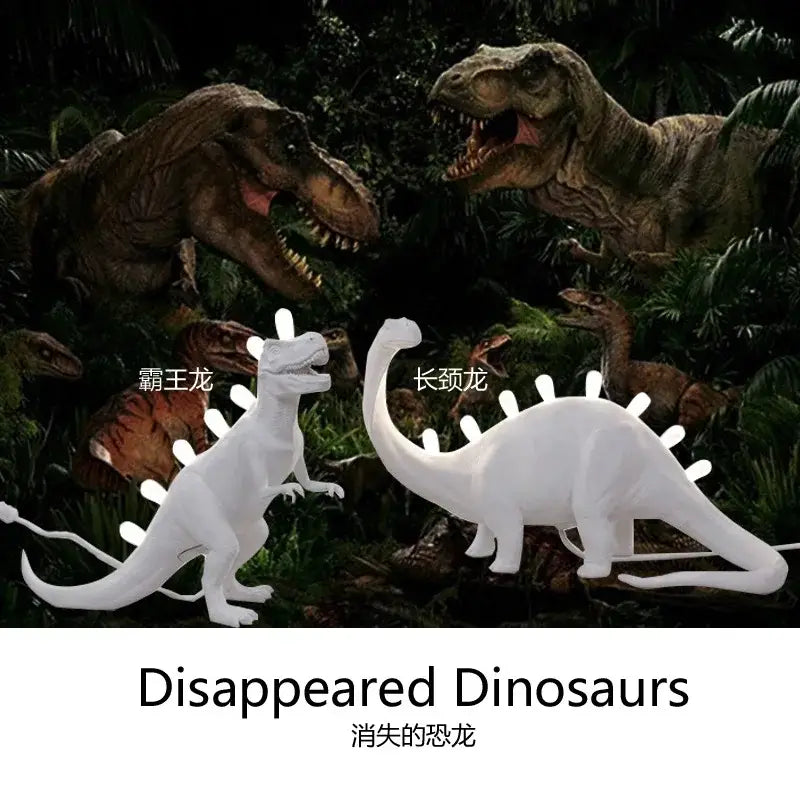 White brontosaurus t-rex dinosaur resin led desk lamp with glowing spikes for bedroom use in white resin material