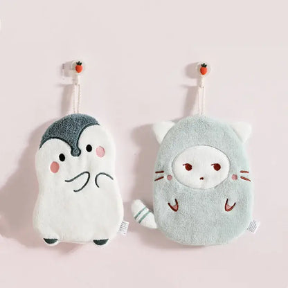 White and brown decorbites cartoon animals microfiber hand towels with plush penguin and cat shapes for bathroom use