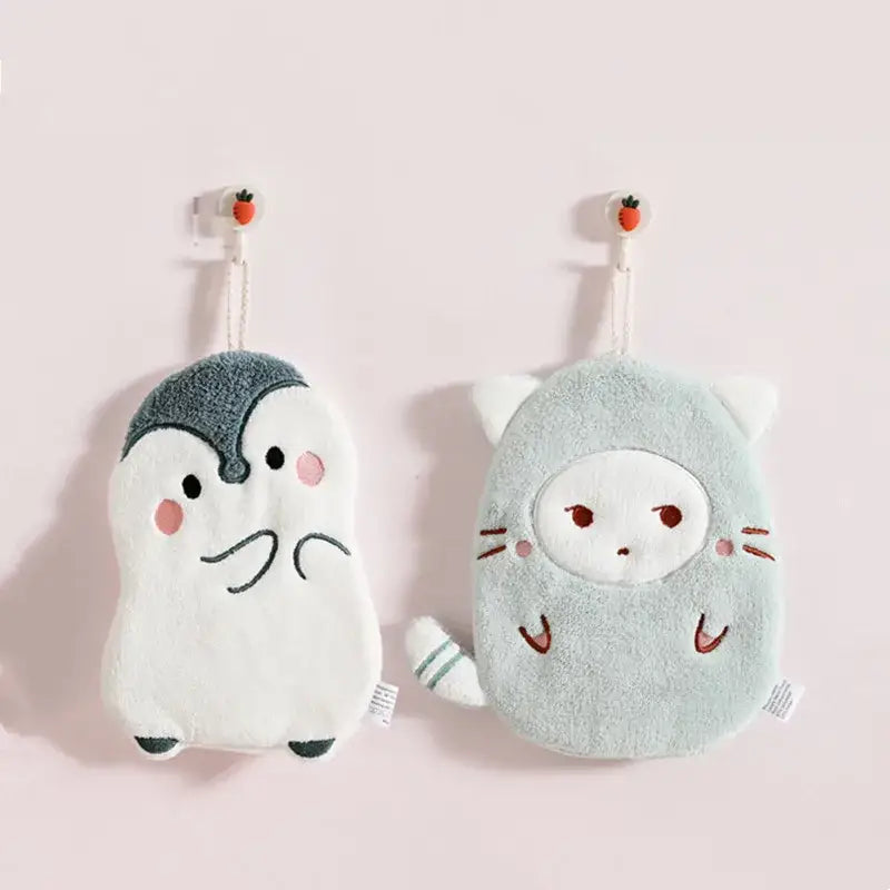 White and brown decorbites cartoon animals microfiber hand towels with plush penguin and cat shapes for bathroom use
