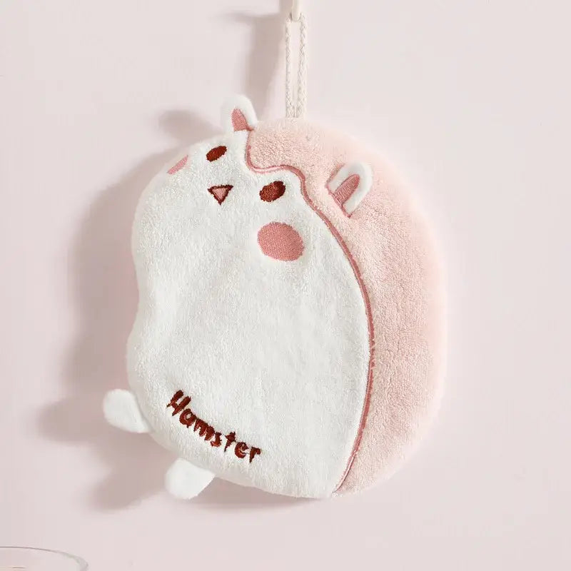 A soft plush pink and white hamster shaped bath sponge with embroidered details for decorbites cartoon animals hand towels