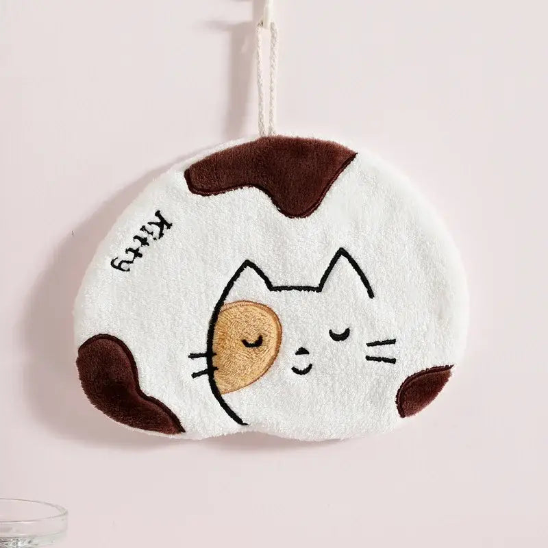 A plush white and brown cat-shaped cartoon animals microfiber hand towel with embroidered details for bathroom decorbites set