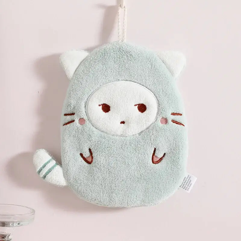 Light blue plush cat-shaped bath sponge with white embroidered details for decorbites cartoon animals hand towels set