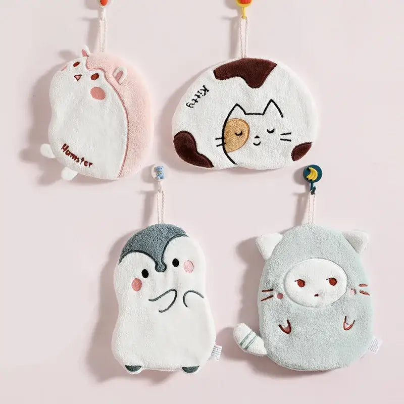 Soft plush bath sponge shaped like a white and light blue cat with embroidered features from decorbites cartoon animals microfiber hand towels set