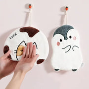 White and brown cartoon animals microfiber hand towels set featuring plush cat-shaped bath sponge with embroidered details