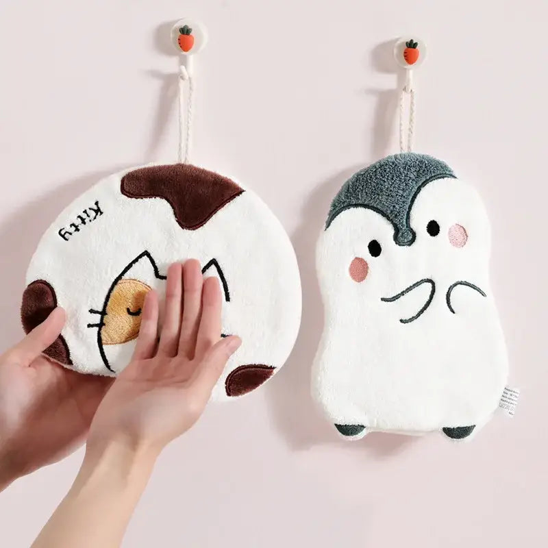 White and brown cartoon animals microfiber hand towels set featuring plush cat-shaped bath sponge with embroidered details