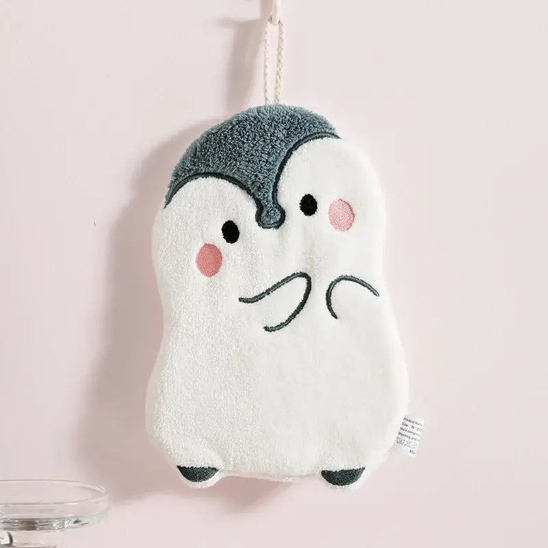 White and brown cartoon animals microfiber hand towels set featuring a plush white penguin-shaped bath sponge with gray head and pink cheeks