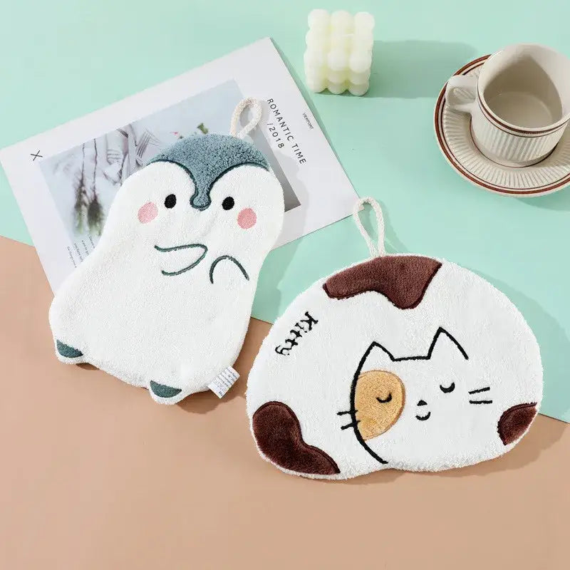 White and brown cartoon animals microfiber hand towels bathroom set featuring plush penguin and cat decorbites cartoon animals