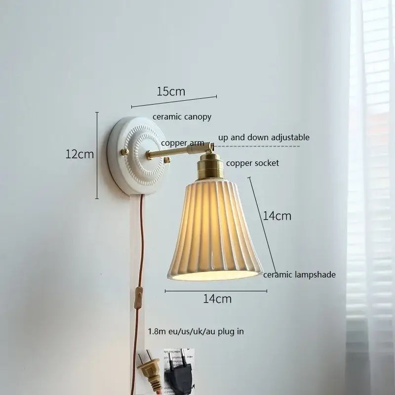 Vintage-style white butterfly ceramic led wall lamp with brass copper arm and fluted cream ceramic led wall shade