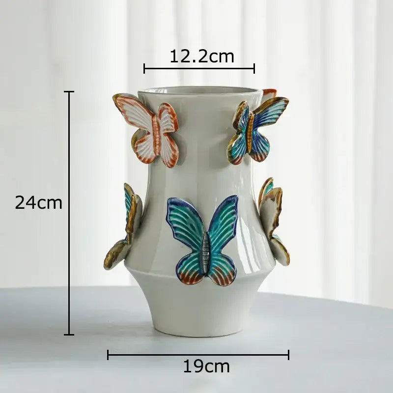 White butterfly ceramic vase with colorful 3d decorbites butterfly accents for living room floral decor